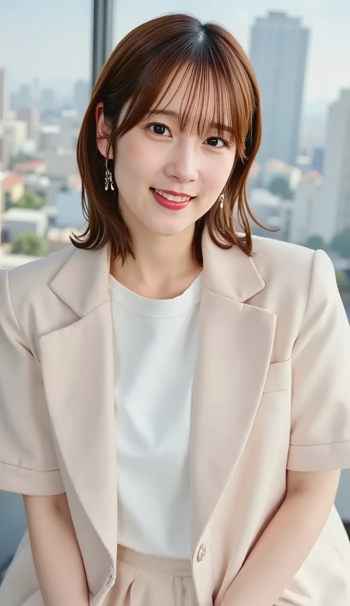 Neat Young Woman、and look at the camera、office lady suit、jacket、shirt、necklace、ear piercing、黒髪、、smile showing teeth、背景はオフィス