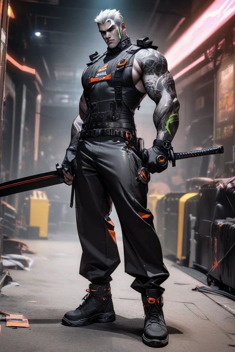 Dark, Fantasy, Cyberpunk,(chain saw, chain saw man,Red:1.1),1man,Mechanical marvel, Robotic presence, Cybernetic guardian,
