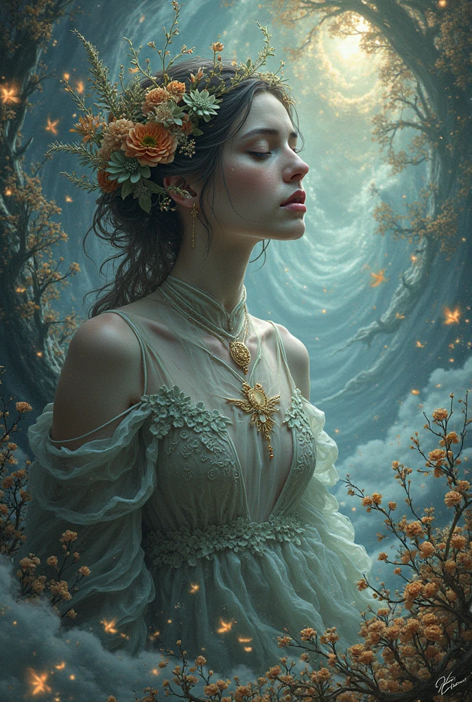 ceramics,Wooden Figure,Stunningly detailed pastel paintings,Depicts dreamy flowers blooming at the edge of the forest,A woman with rosy lips、Cross your knees、Girl bathing in a light torrent,Naked shadows under the rainbow,Plants and ocean,Rembrandt style,elegant,Very detailed,Art Station,Concept Art,Matte,Clear focus,Tom Bagshaw (Tom Bagshaw) Artworks,Luis Royo and Greg Rutkowski,