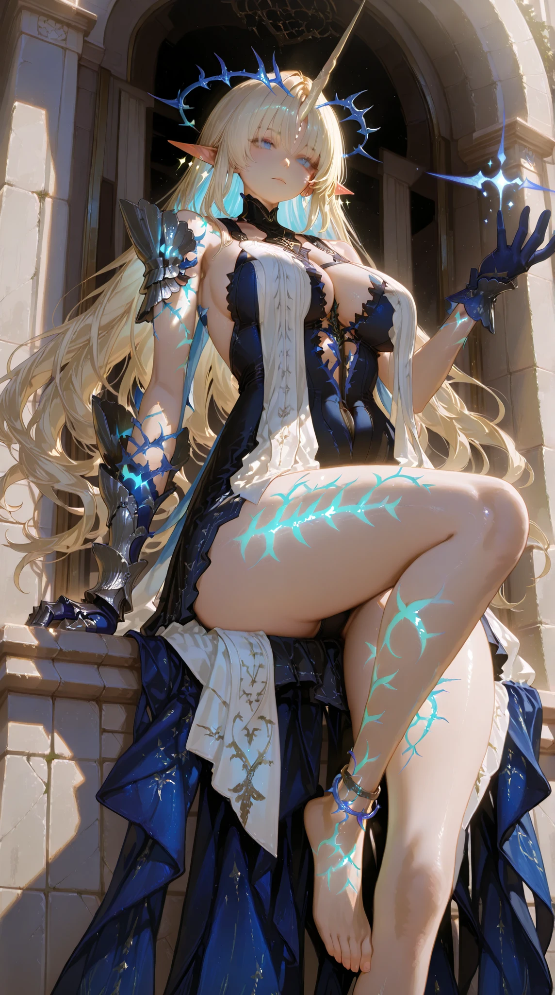 exquisite realistic style , Master Level , EXTREME DETAILS , photo-realistic , professional post-processing ,Masterpiece、anime style、best quality、high resolution、8k,glowing veins,fleurdelys, circlet, single horn, earrings, single pauldron, single gauntlet, blue gloves, anklet, barefoot,