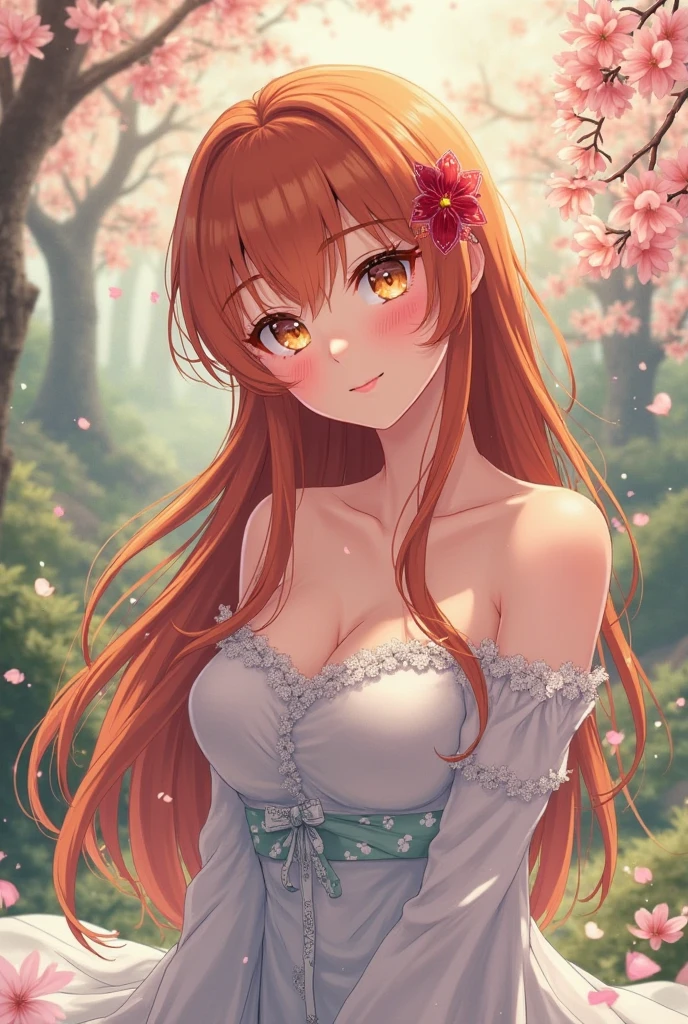 1lady, solo, mature female, long ginger hair, parted bangs, brown eyeasterpiece, best quality:1.2) delicate illustration, ultra-detailed, kind smile, blush, huge breasts, cleavage, upper body, necklace, ((short white dress, short sleeves), wind, forest, (falling leaves)