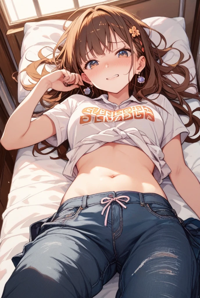 1girl, souryuu asuka langley, neon genesis evangelion,long hair,master piece,ultra high res,on back,in bed,spread legs,wet,light blush,looking viewer,black skirt,from front