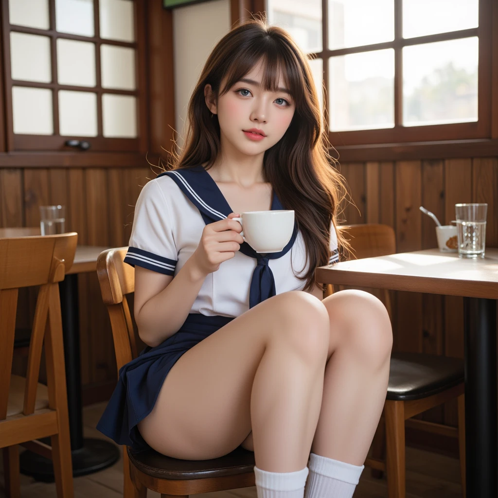 A 25-year-old woman in a white nurse uniform sits with her legs apart, Exposing panties. nurse ÉO H15, Wearing slightly 超リアルなdirty Nike short white socks, Wearing nurse clothes, nurse, nurse girl, Wear short socks, Sitting in thigh-high socks, Wearing a pink blouse,Stretch your legs and come on, smell my feet,