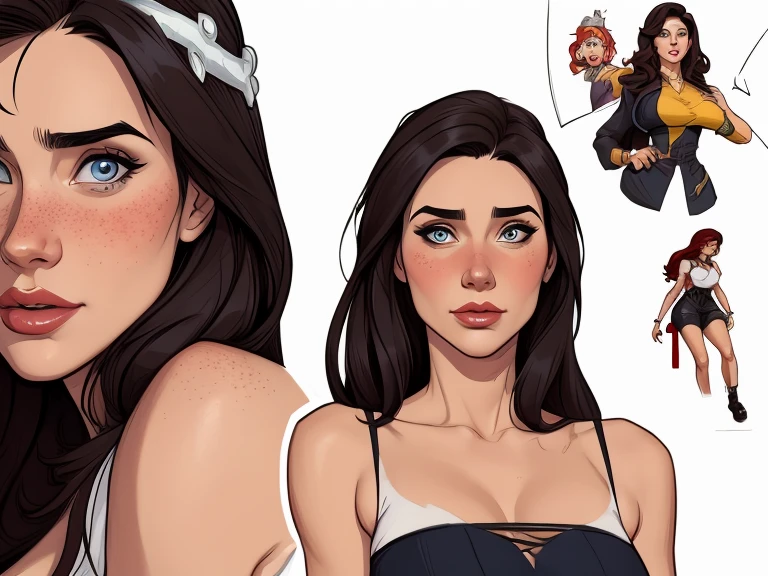 Character style illustration style Completely bare breasts showing small fear Breast size Cartoon name: Isabella Cruz white background medium breasts freckled face Hermione Granger actress strong contours Physical description - long straight hair, tingidos de um marrom vibrante que contrasta com sua pele clara. - You reflect a mix of curiosity and determination. - Ela tem uma estatura alta, with a slender and agile figure, evidenciando sua agilidade e destreza. -fundo colorido Design de personagens de retrato, beautiful digital illustration, retrato de alta qualidade, Arte em quadrinhos, Corpo inteiro sensualizando ou pelada. folha de retorno. return sheet member clothes of the day hell day expression love using sanserina and Harry Potter clothes