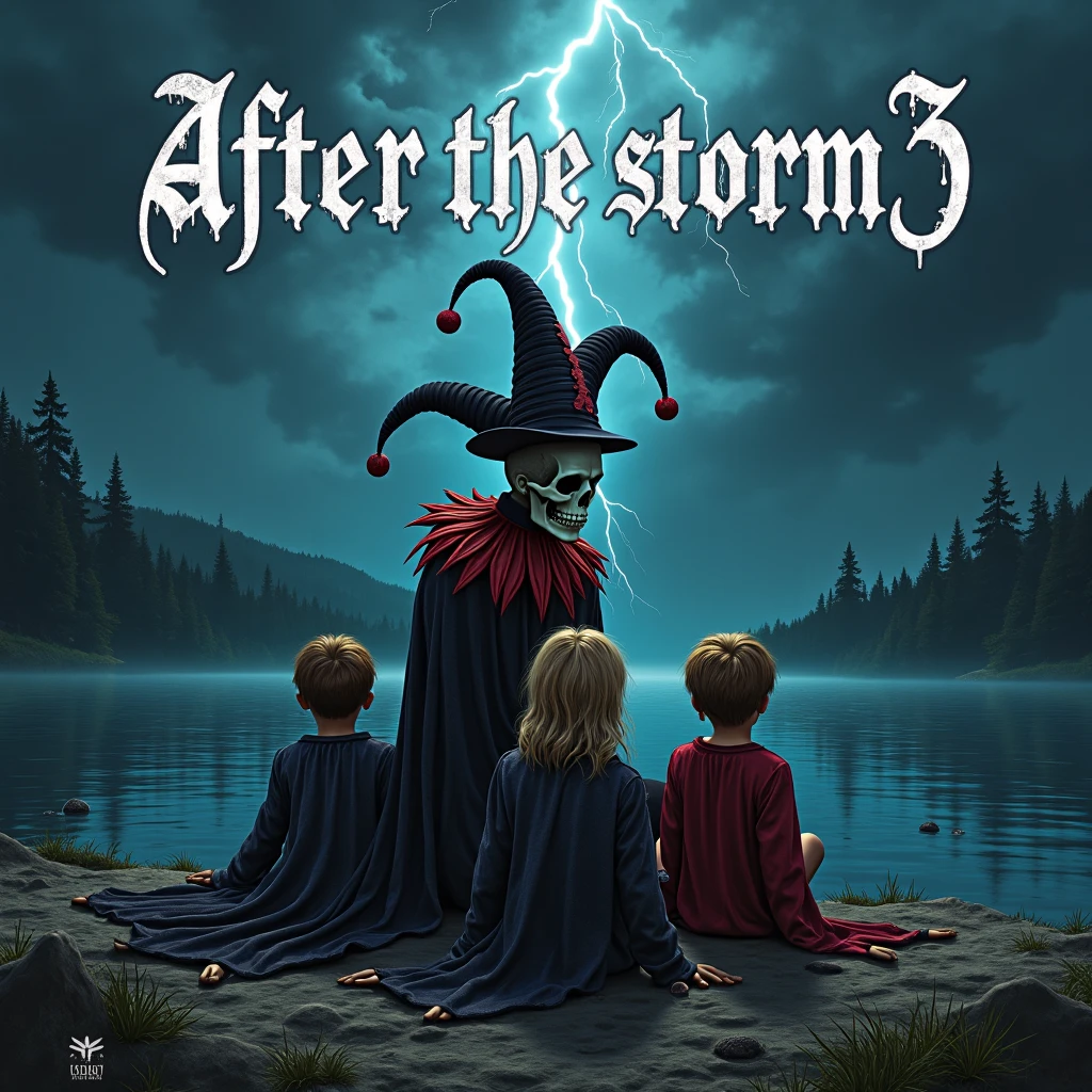 The poster features a cartoon version of Michael Myers, Freddy Krueger, Jason Voorhees, Ghostface, Leatherface, Pennywise, Jigsaw, Pinhead, Chucky, Samara Morgan, and Candyman. They are all gathered around a cauldron, with Belzebu, Elvira, and Morticia Addams standing behind them. The sky is dark and stormy, and bats are flying overhead. The text at the top of the poster reads "Renoween: the bloody party