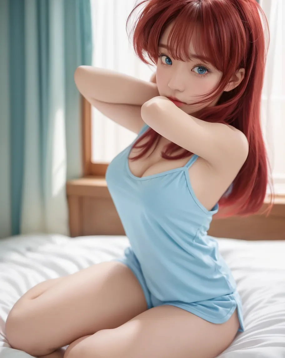 Highest quality,High resolution,1People Girl,whole body,fine,smile,looking at the camera,Bedroom,Dazzling lighting,short hair,Red hair,Blue eyes,White Sailor Leotard,beautiful girl,Cat ears on the head,Cat tail on waist,smile,be happy,