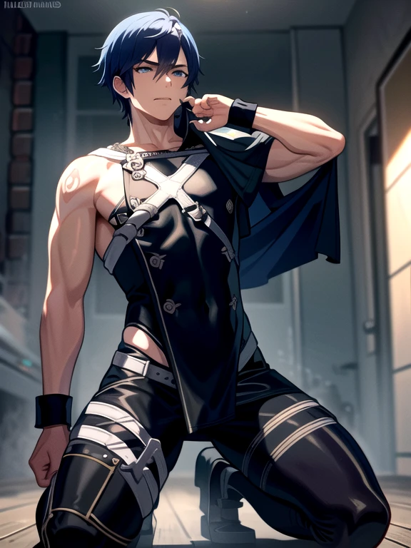 (masterpiece, Highest quality),youthのwhole body,(youth),teenager face,body tilt,Delicate eyes,Open your eyes,Smooth and delicate skin,Short face,Surprised expression,Detailed painted face,Complex,naked,Bright colors,(Depth of written boundary:1.2),Raised to be sexy, Restrained arms,like々Shii, Imminent sexual activity, Black Thong, Femboy, 上半身naked, Blushing, Nervous, Intimate lighting, Black leather collar, slave, Longing for, Lewd, Dramatic lighting, Dark Light Brown Hair Emerald Hair Blue Hair Yellow Eyes long hair tied up whole body View from below