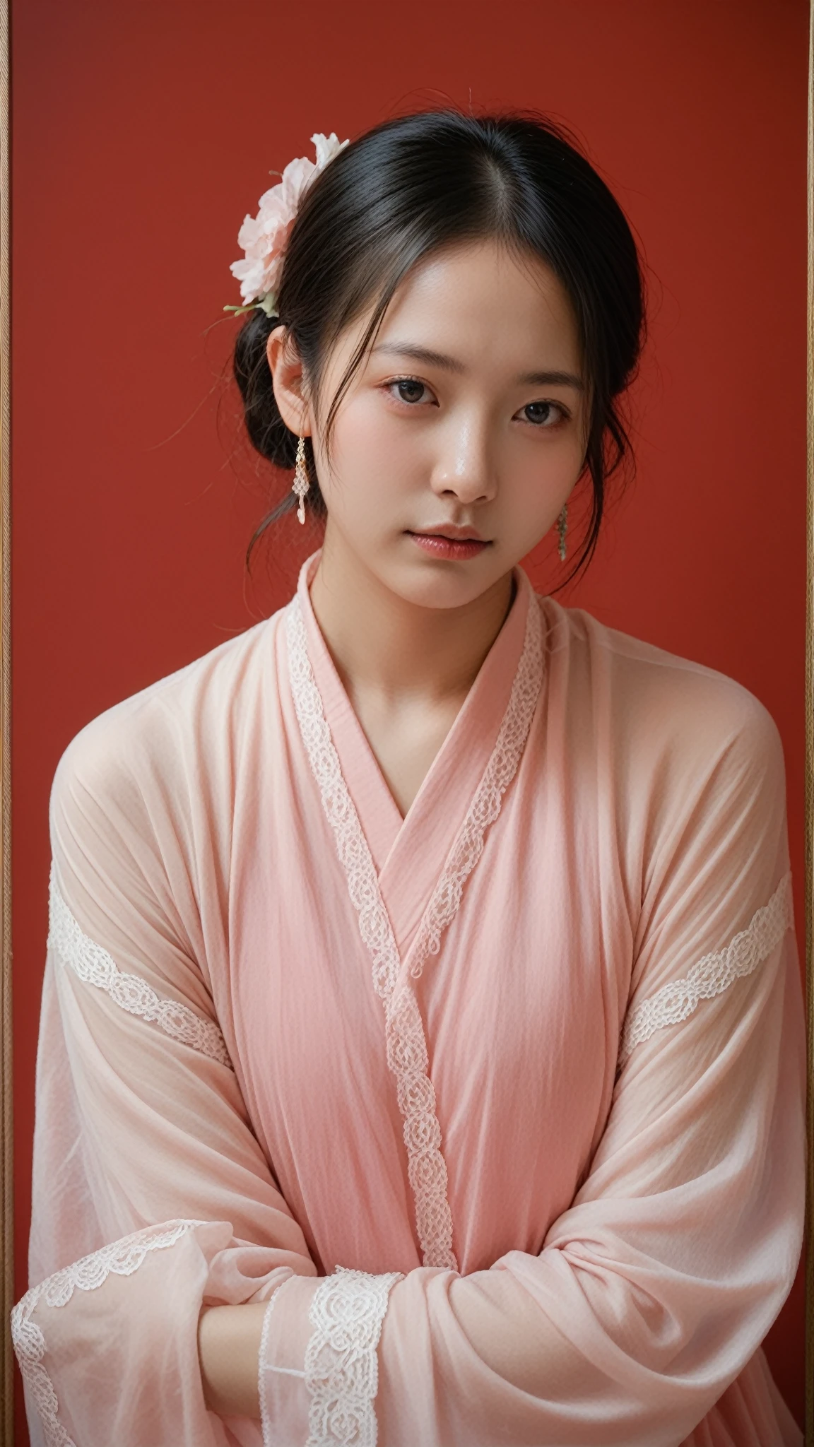 Gentle and charming Chinese beautiful woman, upper body photo, exquisite and sexy collarbone, charming oval face, double eyelids, smart peach blossom eyes, pink lips, small nose, bare shoulders, focused face, face close-up, ultra-high-definition, Super details, elegant stance, Korean style trendy badge denim jacket women's long-sleeved cropped jacket top, short style looks very neat, very slim