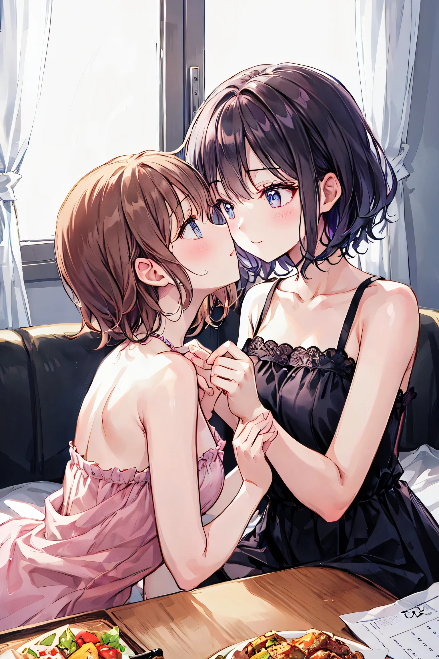 How to sit a girl，Written boundary depth, Delicate eyes, Fine skin、Smooth、Perfect beauty、Small breasts、thin，((Natural style))，Brown Hair、Truly beautiful、Beautiful profile，Perfect Style，Ahegao，((Boyish clothes))，Shortcuts，Western-style room，On the bed，The lighting is dim，My face turned red，((Kiss between girls))，((Embrace and kiss deeply))、((Kiss the Eyes))，((Girly clothes))，((Natural posture))