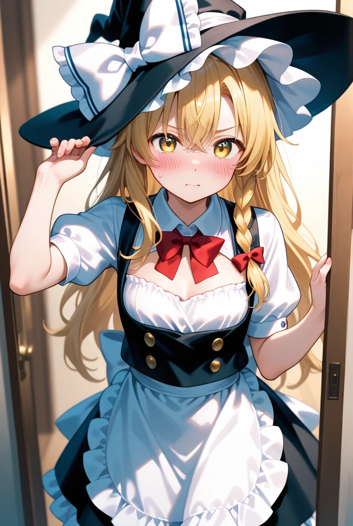 Best Quality, kirisame marisa, petite body, look at me affectionately, wink, Thunderleg, Sip tea in a casual café, Sparkling eyes, small tits, kawaii