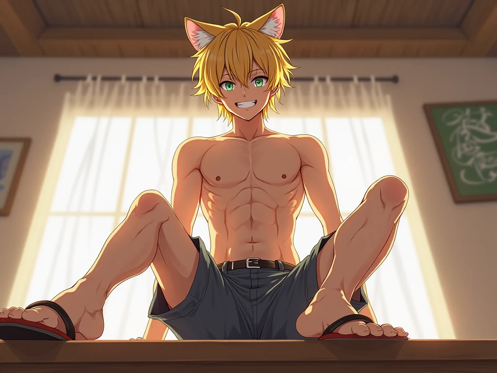 1boy, wolf ears, wolf tail, short golden blonde hair, sharp blue eyes, slim waist, ultra masterpiece, shirtless, sweatpants, bathroom setting, big thighs, seductive, blushing, big butt, seductive, tongue sticking out, white liquid on face