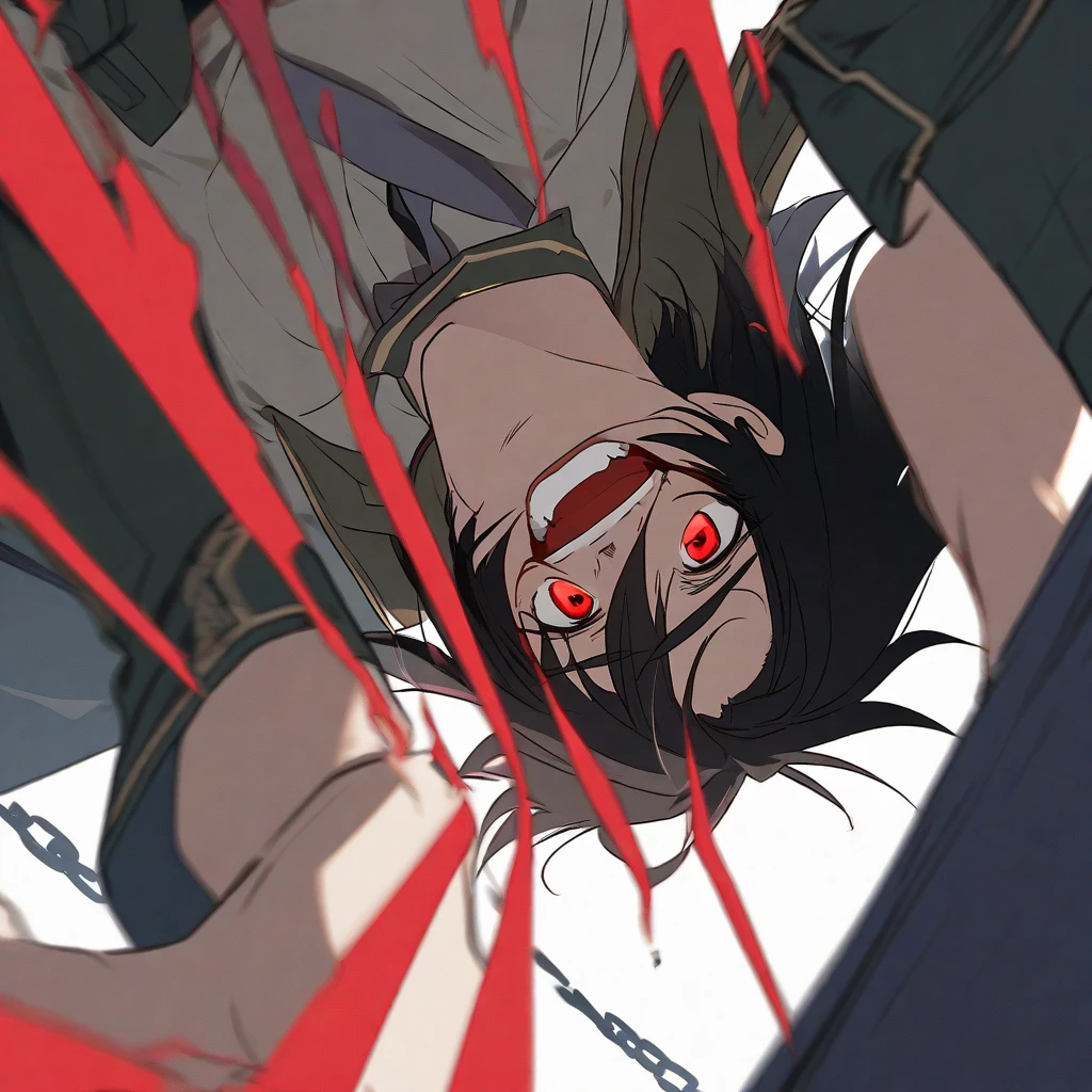 The black-haired man fell to the ground,Desperate eyes,Blood is constantly sprayed
