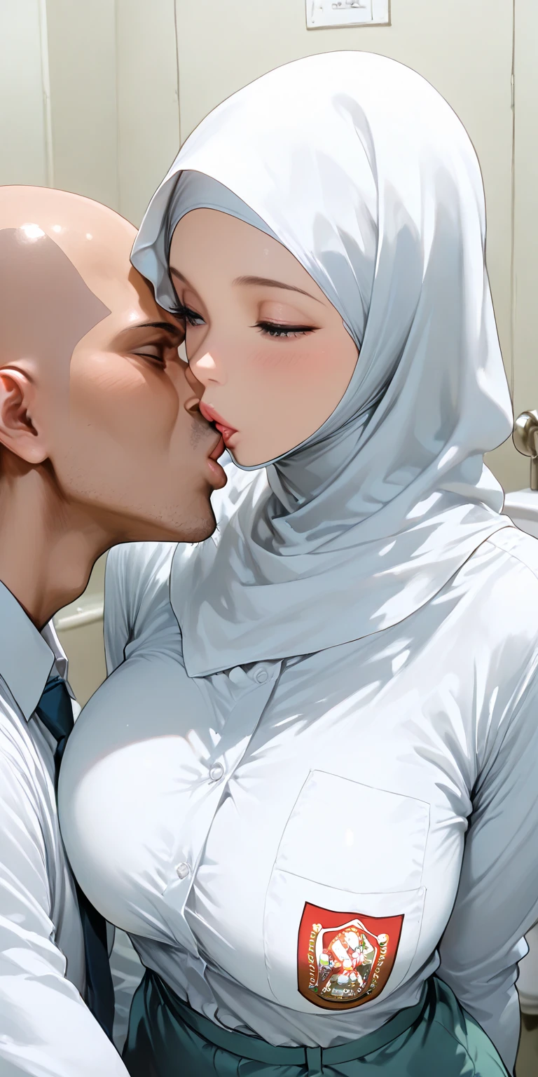 Nude 24 year old teenage cute ustazah malay woman with long pink hijab,medium size breasts,medium size butt,arousal expression,sweaty,shy,grinning,open mouth,office background,having sex with a middle aged man,spooning