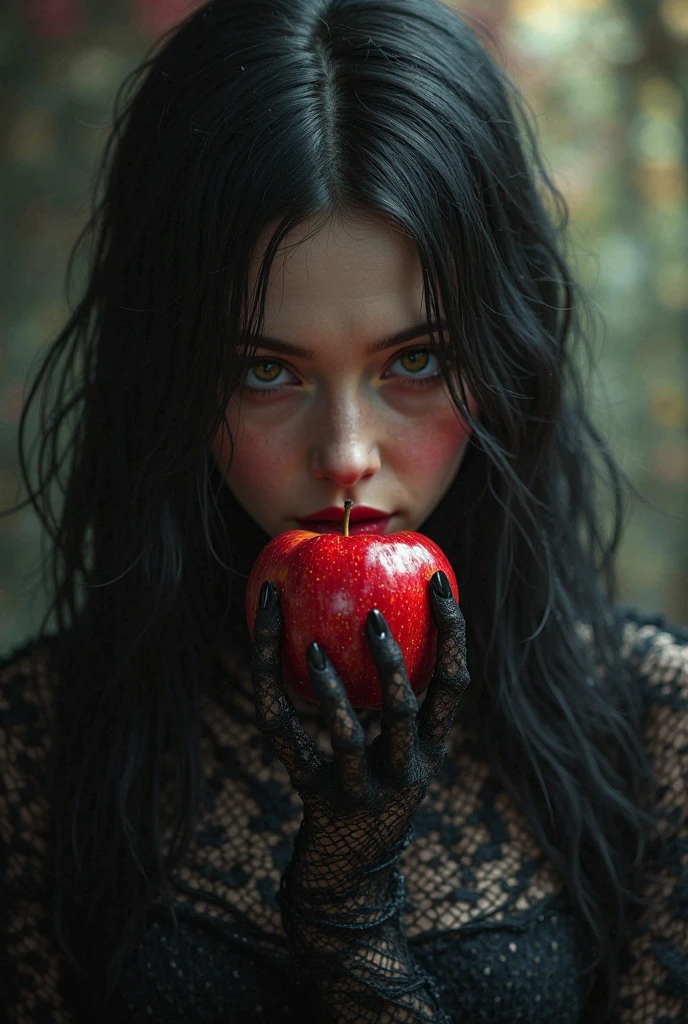 Close-up of an extremely beautiful girl, with a divine face, standing near an apple. The blood-red apple, dripping, covered with moss and fresh, hovers in a dark, foggy forest. The girl is very beautiful, dressed as a forest god, with bright, holy eyes, smiling. Cinematic light, high detail, 8k, artstation, conceptual art, dark fantasy. Photo taken with Canon EOS R5 85mm f/11 Camera, ((sharp)) mode of people and surrounding scenery. Image quality ((8K)), ((lifelike)), ((masterpiece)), ((sharp and highest contrast)), ((great depth of field)), ((light stereolithography)).