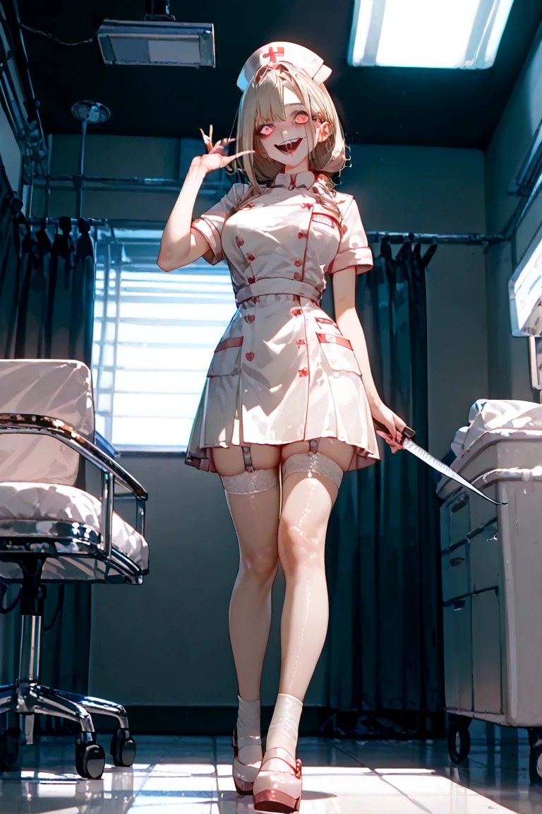 Livestock killing site,red fluid,Dissected pigs,Pig hanging on a hook,a large amount of internal organs scattered on the floor,,,,,,,,,,,,,,,,,,,,,,,,,,,,,,,,,,,,,,,,Beautiful blonde girl dissecting,Wear rubber gloves, Rubber Apron,Dirty white knee-length rubber boots,Stand and look down, Have a large dissecting knife,Downward posture, Full body view from below,Troublesome look,