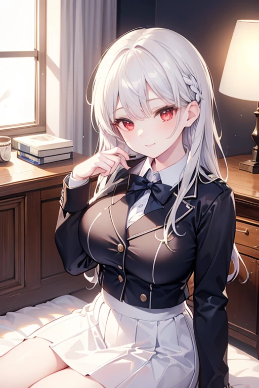 detailed， dense， masterpiece， a girl， Beautiful big breasts， Wearing a white cardigan， permanent，Stand by the bed，There were blankets，  white hair， 16 years old， Light滑的皮肤， 发Light的皮肤， 发Light的头发， clear eyes， 发Light的眼睛，blue eyes， pale pink lips， （The audience looks down： 0. 8） Smile， cheeks dyed red， very shy， open mouth， through bangs， white sleeves， white coat， a girl， soft skin，Great understanding， 发Light的皮肤， Light， 丰富的Light， room Lighting， Simple gold necklace， Diamond necklace， white lace文胸， white lace， white lace内衣， high angle， low angle， （masterpiece： 1.0）， （actual： 1.6）， （soft focus： 1.5），black stockings，