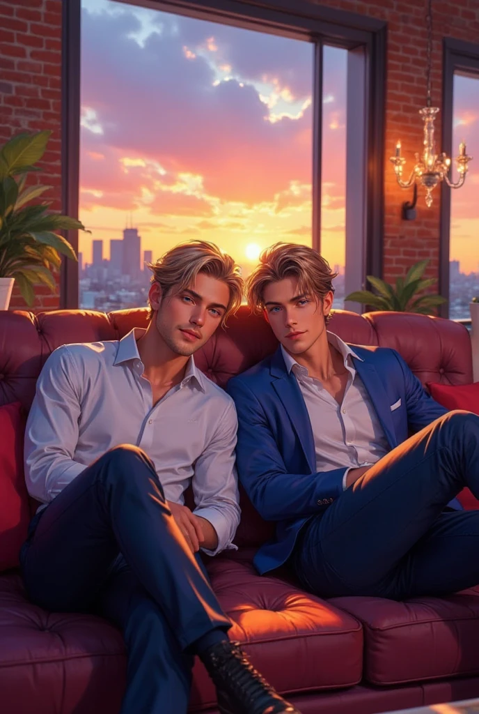 (2heads), two skinny 28 year old men with frail physique, blonde, brown hair, stubble, wet colorful low cut t shirt, jeans, sitting on movie theater