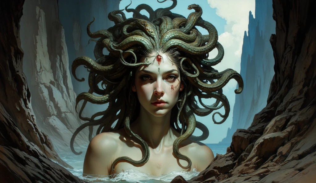 medusa with elegant clothes, RPG, dvd screenshot, 1980s cinema, dark fantasy, realistic, detailed, body horror, horror cosmic
