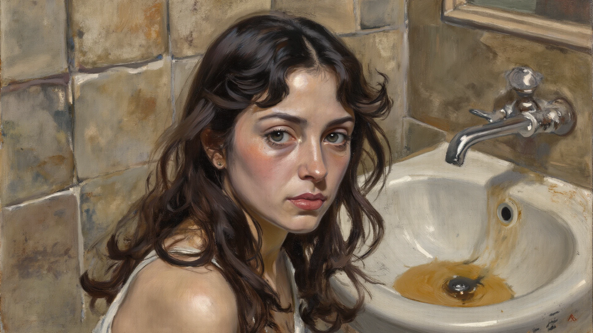 the woman crying naked in the bathtub, masterpiece, oil paint, barroco style paint, barroco, realismo