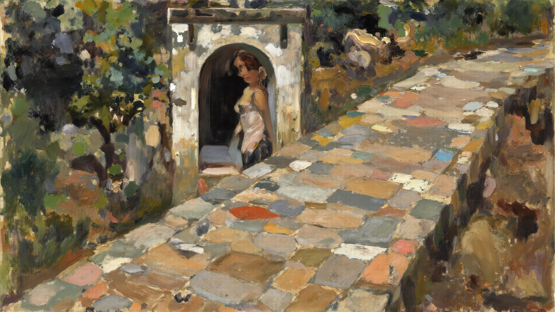 alone in the universe, Paint in watercolor style, Photorealism, discreet golden and ruby and mint shades, (nude) a gentle, modest thin girl of 16 years old with a very beautiful, exquisite face of the southern type with tender nipples walks barefoot in the distance (around the southern town) early morning (along the houses)