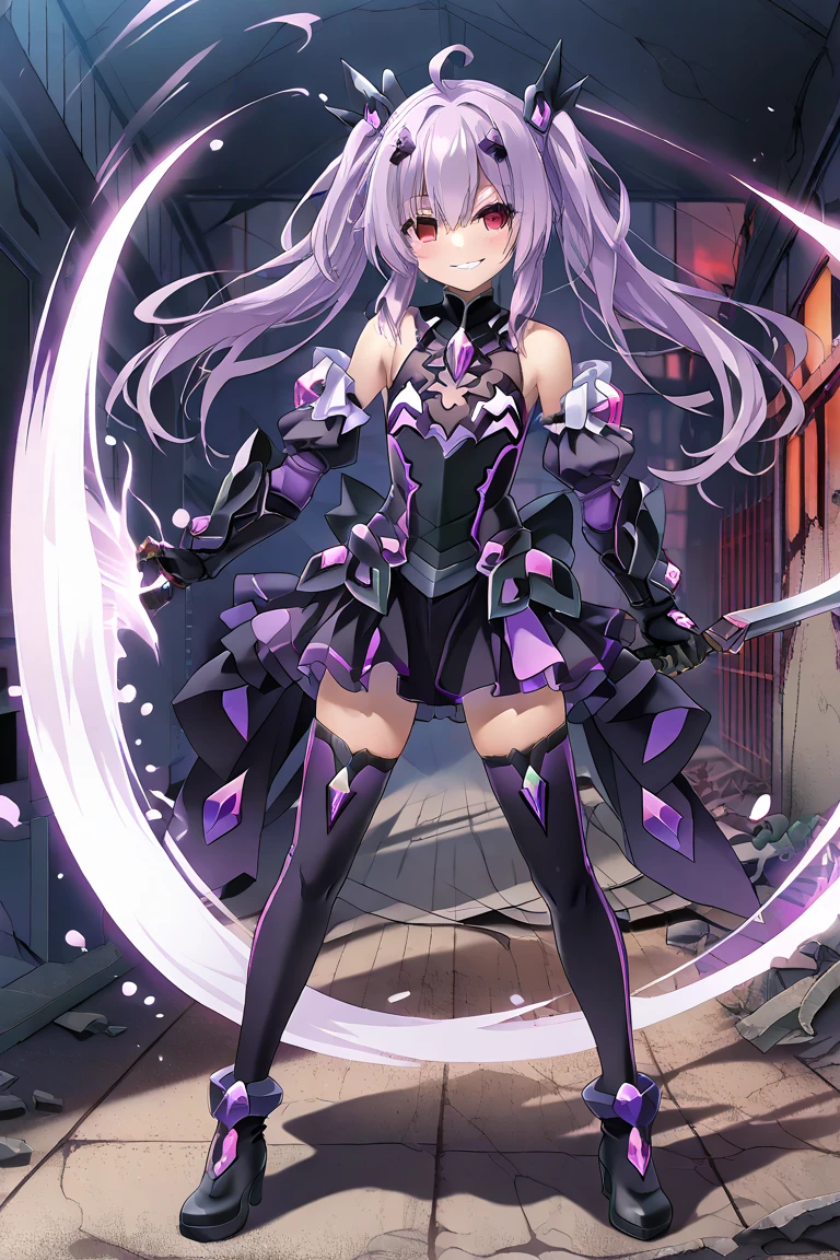 raiden shogun, 1girl, storm, masterpiece, best quality, long hair,purple hair, gloves,purple eyes, thighhighs, holding holding sword, detached sleeves, black gloves, japanese armor, kimono, lightning, halo, neon wings