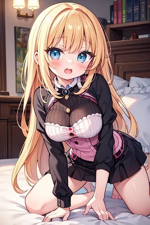 (Tabletop, highest quality, High resolution, , Perfect Pixel, 4k,), 1 girl, single, alone, Beautiful woman、I could see the whole body、 ((blonde, side ponytail)), ((Green Eyes, Beautiful eyelashes, Realistic eyes)), ((Detailed face, blush:1.2)), ((Smooth texture:0.75, Realistic texture:0.65, Realistic:1.1, Anime CG Style)), Medium breast, Dynamic Angle, Perfect body, ((, Beige off-the-shoulder sweater、Tight denim skirt、Black Stockings、Cute Necklace、Earrings、)), Upper grades、A shy smile、Luxury hotel room、Lie on your back in bed、((Leg spread))、Angle from below、Cross your arms to highlight your cleavage、、((Pink lace panties are visible))、