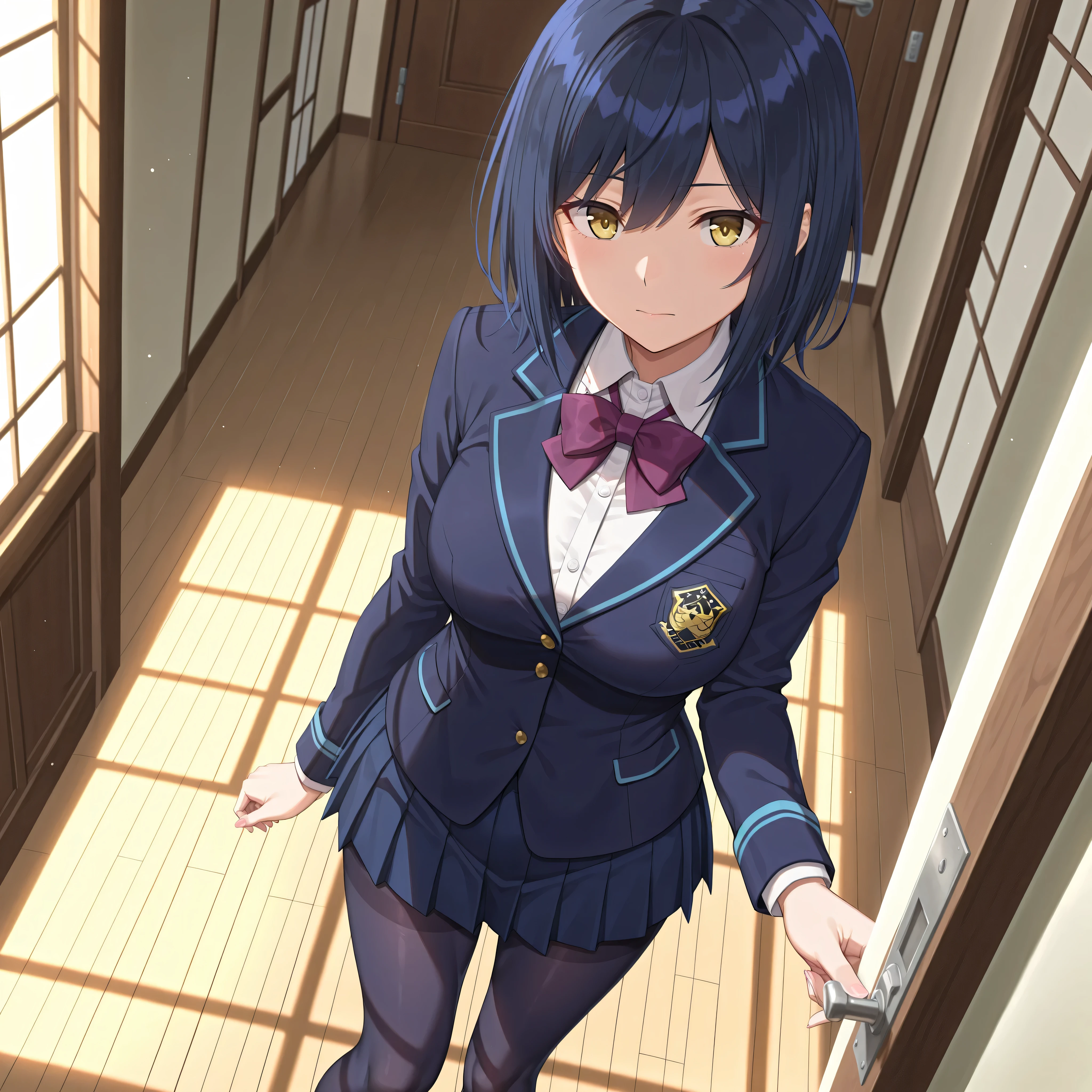solo,masterpiece,best quality, amazing quality, highres, absurdres, very aesthetic, high resolution, ultra detailed, perfect details,nijirin,medium breasts,yellow eyes,blue hair,black hair,moles,medium hair,nijirincos,white shirt,collared shirt,purple bowtie,blazer jacket,blue jacket,closed jacket,blue skirt,miniskirt,pleated skirt,dark blue pantyhose,(masterpiece, detailed:1.2)、look at viewer,mature female,anime screencap,