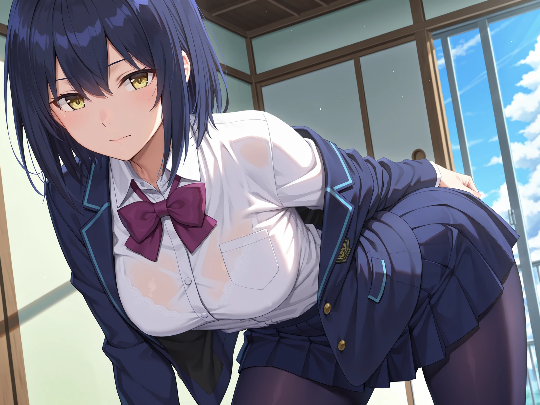 solo,masterpiece,best quality, amazing quality, highres, absurdres, very aesthetic, high resolution, ultra detailed, perfect details,nijirin,medium breasts,yellow eyes,blue hair,black hair,moles,medium hair,nijirincos,white shirt,collared shirt,purple bowtie,blazer jacket,blue jacket,closed jacket,blue skirt,miniskirt,pleated skirt,dark blue pantyhose,(masterpiece, detailed:1.2)、look at viewer,mature female,anime screencap,
