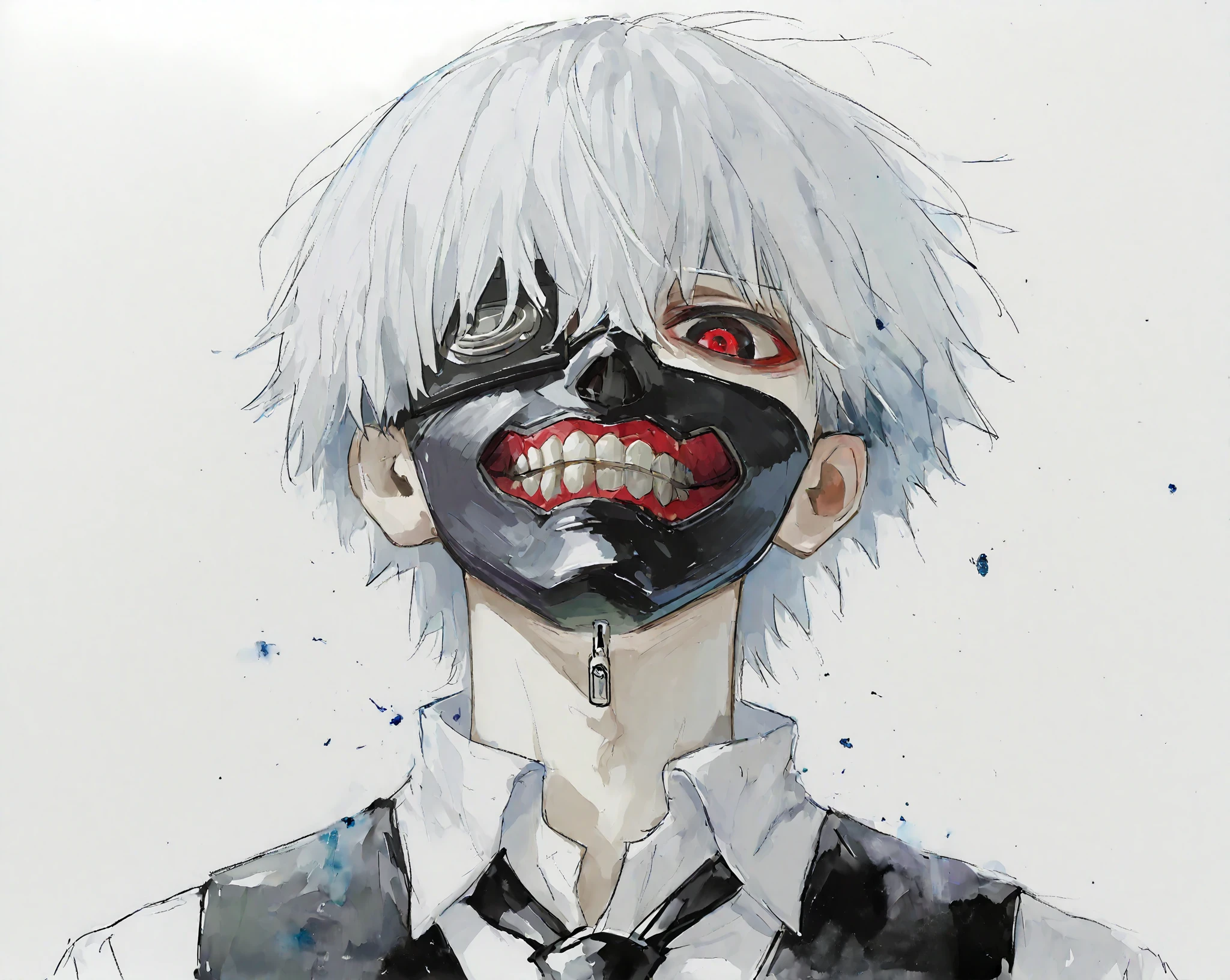 1boy, male focus, kaneki ken, tokyo ghoul, white hair, short hair, long bangs, hair between eyes, eyebrows hidden by hair, red eyes, black schlera, eyepatch, leather mask, mouth mask, black mask, mask teeth, mouth zipper, zipper pull tab, collared shirt, white shirt, black necktie, black vest, solo, upper_body, close up, head back, looking down, looking at viewer, fading, disintegration, watercolor /(medium/), oil painting /(medium/), illustration, white background, simple background