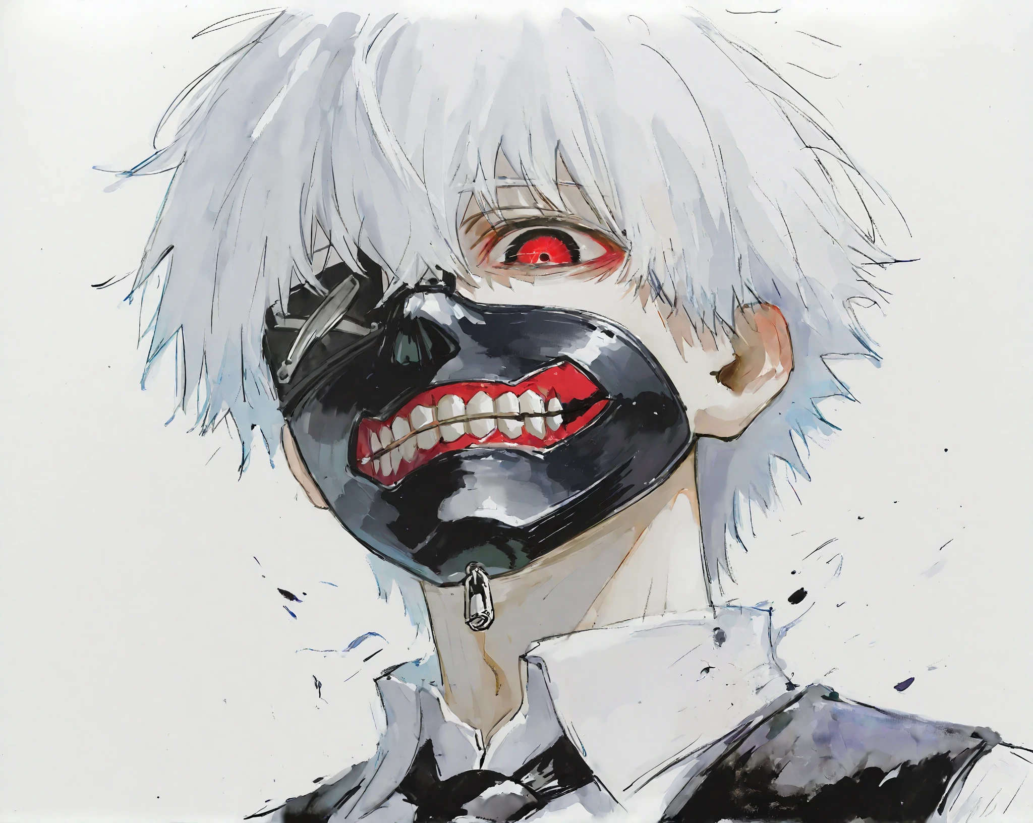 1boy, male focus, kaneki ken, tokyo ghoul, white hair, short hair, long bangs, hair between eyes, eyebrows hidden by hair, red eyes, black schlera, eyepatch, leather mask, mouth mask, black mask, mask teeth, mouth zipper, zipper pull tab, collared shirt, white shirt, black necktie, black vest, solo, upper_body, close up, head back, looking down, looking at viewer, fading, disintegration, watercolor /(medium/), oil painting /(medium/), illustration, white background, simple background