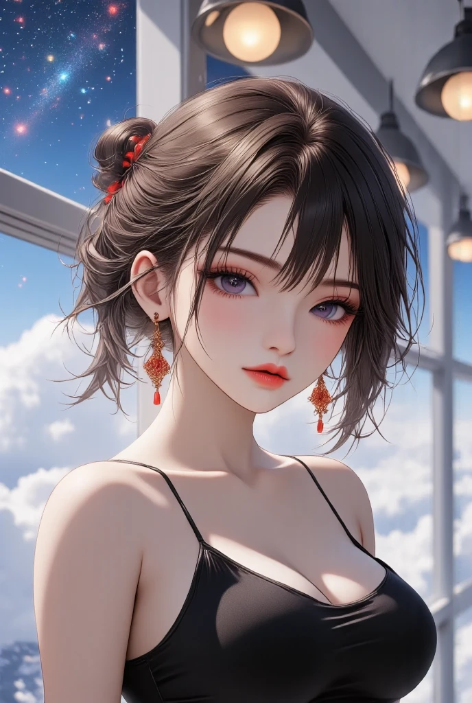 1girl, solo, (photorealistic:1.4), very delicate and beautiful, (top quality:1.4), (high detailed skin:1.4), glowing eyes, goddess, shiny skin, Beautiful detailed face, real skin texture, expressive eyes, luscious lips, glossy lips, natural makeup, golden short hair, purple eyes, partially clad in a gorgeous (red:1.3) lace wedding dress, suggestive gaze, elegant and attractive posture, upper body shot, (from below:1 .4),(white back ground:1.4)