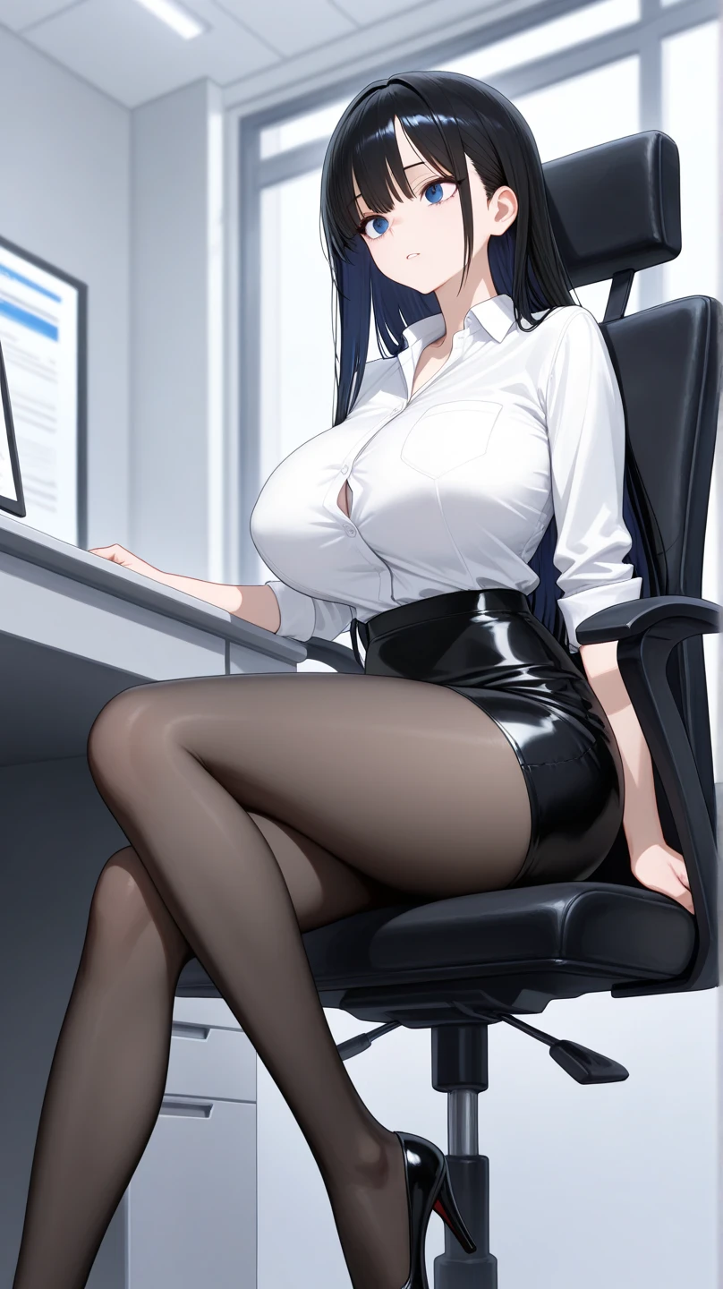 One Girl, alone, ((White shirt)), Black knee socks, With pride, Cleavage,Black panties,Show off your panties to your audience,Spread your legs wide,脚をSpread your legs,I can see your pants,Spread your legs and show me your panties,Her shirt was turned up、Bra is visible,Spread your legs,Black bra,Big Ass,Big Breasts,Low Angle,Chair下からのアングル, Cowboy Shot,uniform, officeの背景, Black Skirt, Pleated skirt, Long black hair、Very short skirt,pantyhose,office,E Cup, Look at the viewers, alone, Thighs ((masterpiece)), sit, Chair, desk work, Computer on the desk, Name tag, ID Day, in house, blush, Sexy pose、Standing doggy style
