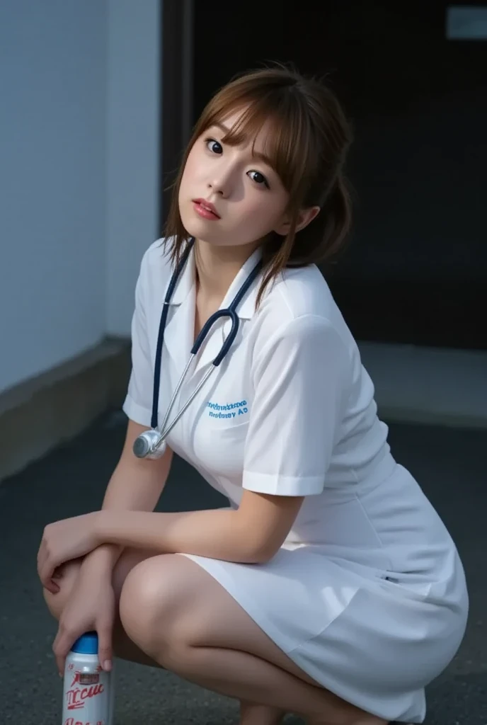 (8K、top-quality、​masterpiece:1.2)、(reallistic、フォトreallistic:1.2)（ultra-detailliert、hight resolution）(Slouched:1.3)、crouching down、(From  above:1.2)、(a closeup:1.4)、（Cut and sewn with loose chest area）(((School teacher)))、(((Appearance during treatment)))、(Don't wear panties)), (((患者を覗き込むためにSlouchedになる)))、(((Independent lab coat)))、（School Infirmary）、（Japan woman at 30 years old）skirt by the, Nurse lab coat, sockes, A dark-haired, bblurry, bblurry背景, knee high, Ro White Nurse Shoes, life-like, length hair, s lips, Brown-eyed, Black socks, Onepiece, Accept the phallus from behind、 looking to side, ​masterpiece, top-quality, ultra-detailliert、(((Spread your legs apart)))、Inviting eyes(Raw photography:1.2)、(フォトreallistic:1.4)、Negative Prompt
