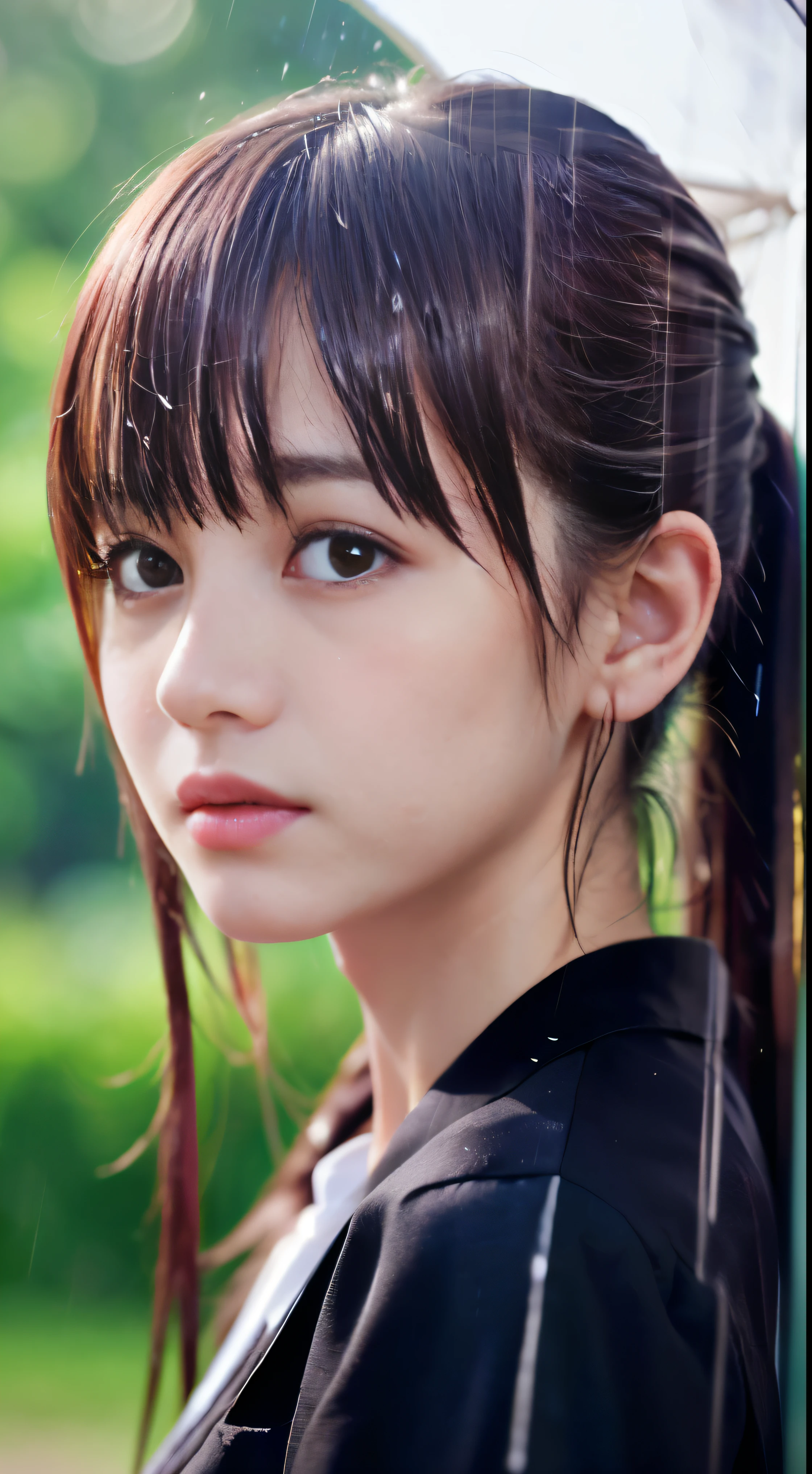 (Close-up face shot of a slender small-breasted twin tail maroon long hair with bangs between eyes girl in a wet white school shirt and black skirt :1.5)、(A girl is looking up the sky on a rural town road in Japan with crying face and her hair and face are drenched in the heavy rain:1.5)、(Heavy raining day:1.5)、(blurred background:1.5)、(Dark lighting:1.5)、(perfect anatomy:1.5)、(Photorealistic:1.5)、(Raw photo:1.3)、(highest quality:1.5)、(High resolution:1.3)、(Delicate and beautiful perfect face:1.3)、(Delicate and beautiful eye air skin:1.3)、(Real Human Skin:1.3)、((thin legs))