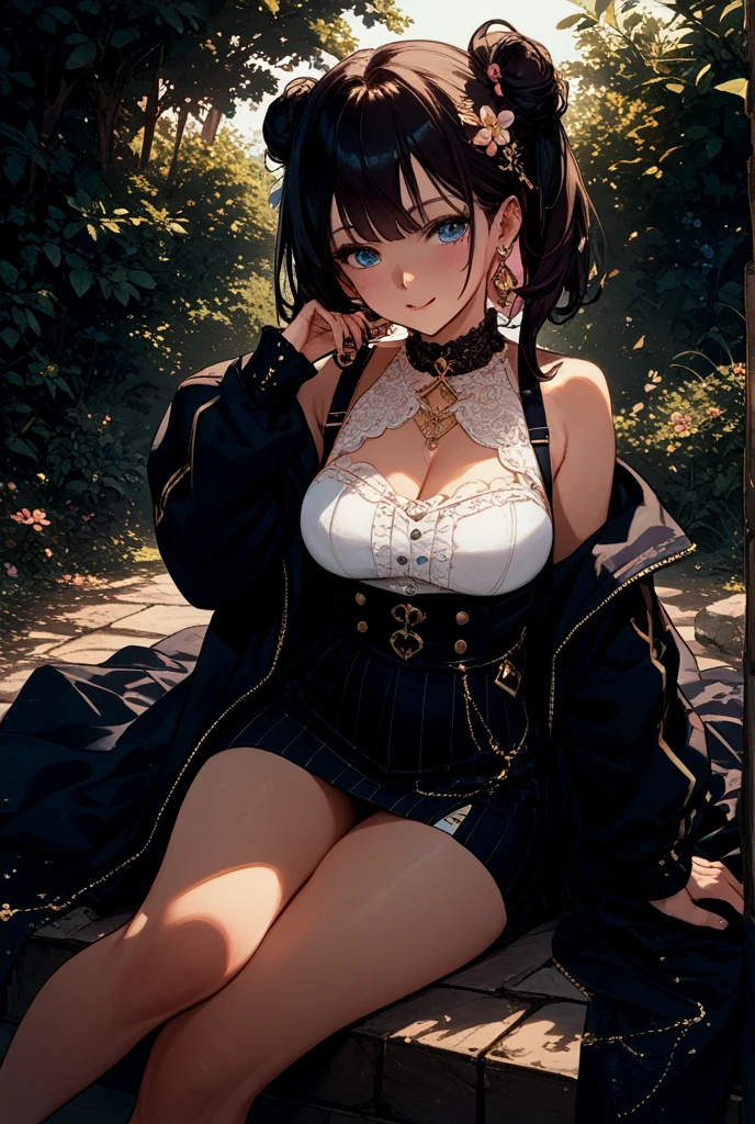 masterpiece, best quality, super detailed, illustration, (1girl), beautiful detailed eyes, looking at the viewer, close up, (breast focus), black hair, shyness, cat ears, white plaid skirt, black stockings, no shoes, garter, blue eyes, thighs, cat tail