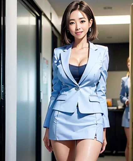 (完璧なボディを持つかわいいfemale, female), (office ladies), (masterpiece, high quality:1.2), big breasts, Office Suits, (smile), (office), highly detailed face, navy suit、break, ((black choker, big breasts, blue eyes, long eyelashes)), uniform, smile、bangs, Bright white skin, grace, Transparent air, (8k RAW photo:1.1), Natural light, female, Beautiful announcer, (slim face),Half beautiful female