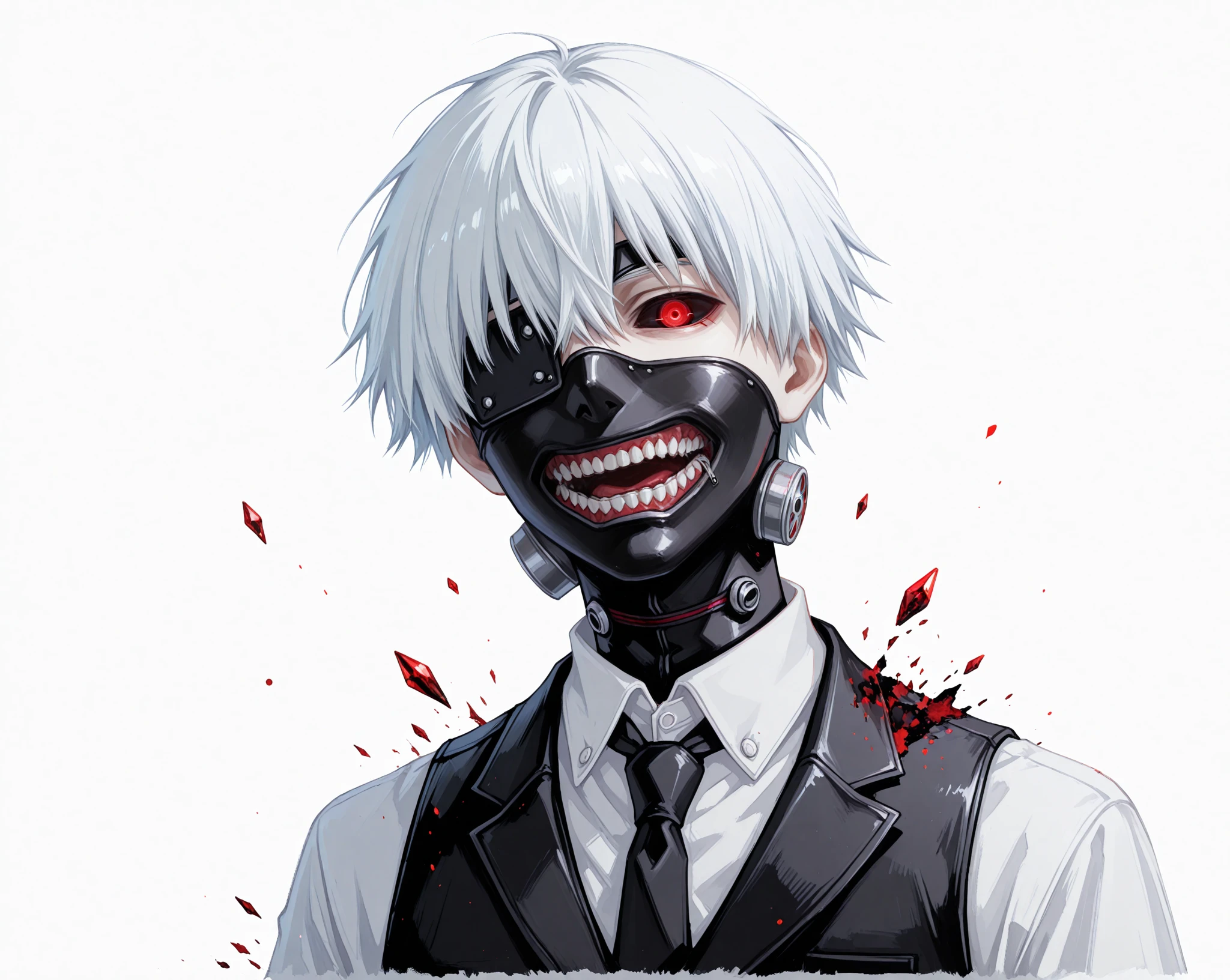 1boy, male focus, kaneki ken, tokyo ghoul, white hair, short hair, long bangs, hair between eyes, eyebrows hidden by hair, red eyes, black schlera, eyepatch, leather mask, mouth mask, black mask, mask teeth, collared shirt, white shirt, black necktie, black vest, solo, upper_body, close up, head back, looking down, looking at viewer, fading, disintegration, watercolor /(medium/), oil painting /(medium/), illustration, white background, simple background