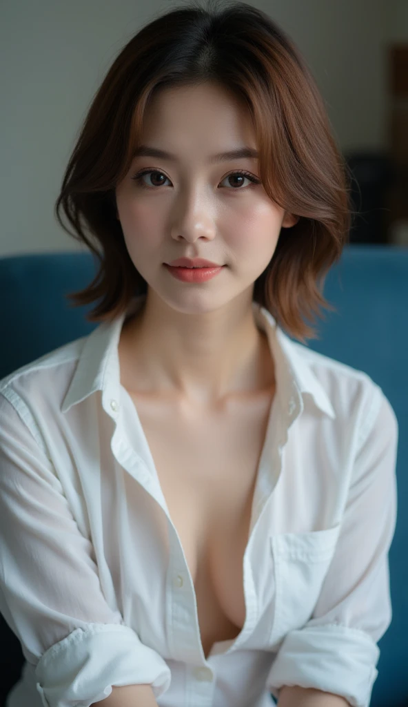((Highest quality)), ((masterpiece)), (Familiar), Perfect Face, masterpiece、Highest quality、High resolution、wallpaper、Realistic、Bright lighting、Professional Lighting、Face Light、Smooth lighting、Japanese women、20th Gen Midplate、so beautiful、Beautiful Skin、Beautiful and detailed、Familiar顔、slim、moderately、short hair、Brunette Hair、Brown eyes、Looking at the camera、Cafe sofa、 Commercial Photography, Beautiful Instagram influencers, The best smile,Daytime、Cotton shirt、Cleavage cutout