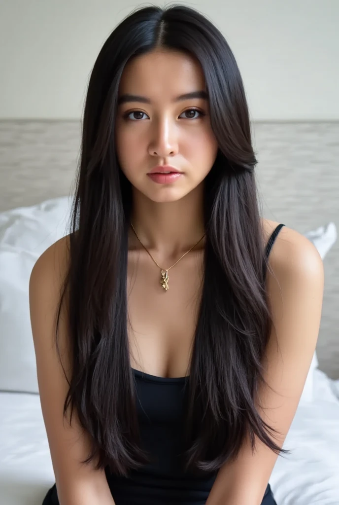 17 years old girl, soft wave long black bob hair, well formed facial features, calm peaceful happy expression, sexy, sensual, glowing pale white skin, Ultra-realistic, High resolution UHD, masterpiece, Very beautiful facial details, Highest quality realistic skin texture, Symmetrical eyes, Fine eyelashes, Thinly trimmed eyebrows, starring at the viewers, Natural Makeup, chapped lips, A good brown eye for quality, Captured in exquisite detail and high resolution with Hasselblad X2D 100C with a 90mm f/2.5 lens, the image exudes a sense of purity and innocence, full body pose