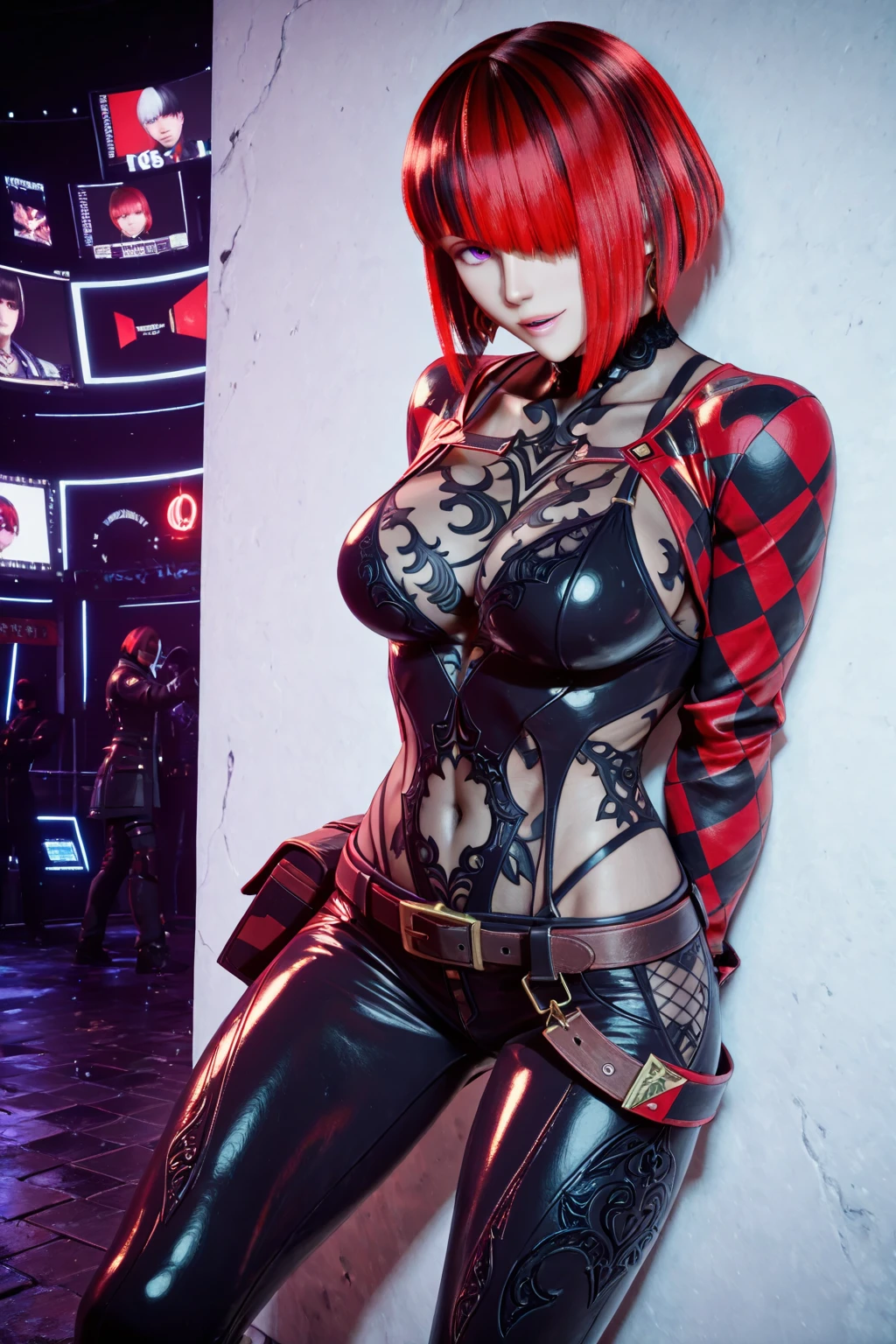 ((orange hair)), short hair:2.0, ((sukuna tattoos)) ,(front:1. 3) to the (camera:1. 1) (showing:1. 1) (vagina:1. 2) and (ass:1. 1) ( seductive :1. 1) (22. 3) year old (woman:1. 1) with (wide:1. 1) hips she is wearing BDSM (corset) and (stockings:1. 1) (dark:1. 2) wavy hair is totally (naked:1. 1) in a completely (dark:1. 1) open room with the (only:1. 1) (soft lighting from one large softbox directly above and in front of her:1. 1) (volumetric:1. 1) (light:1. 1). She is wearing a BDSM (red choker:1. 1) She is (sensual:1. 4) and (glistening:1. 2). The scene is shot with (Kodakportra1600:1. 1) (filmgrain:1. 1) (Analogcamera:1. 1) (Sharpdetails:1. 1) (50mm:1. 1), soft light:2.0