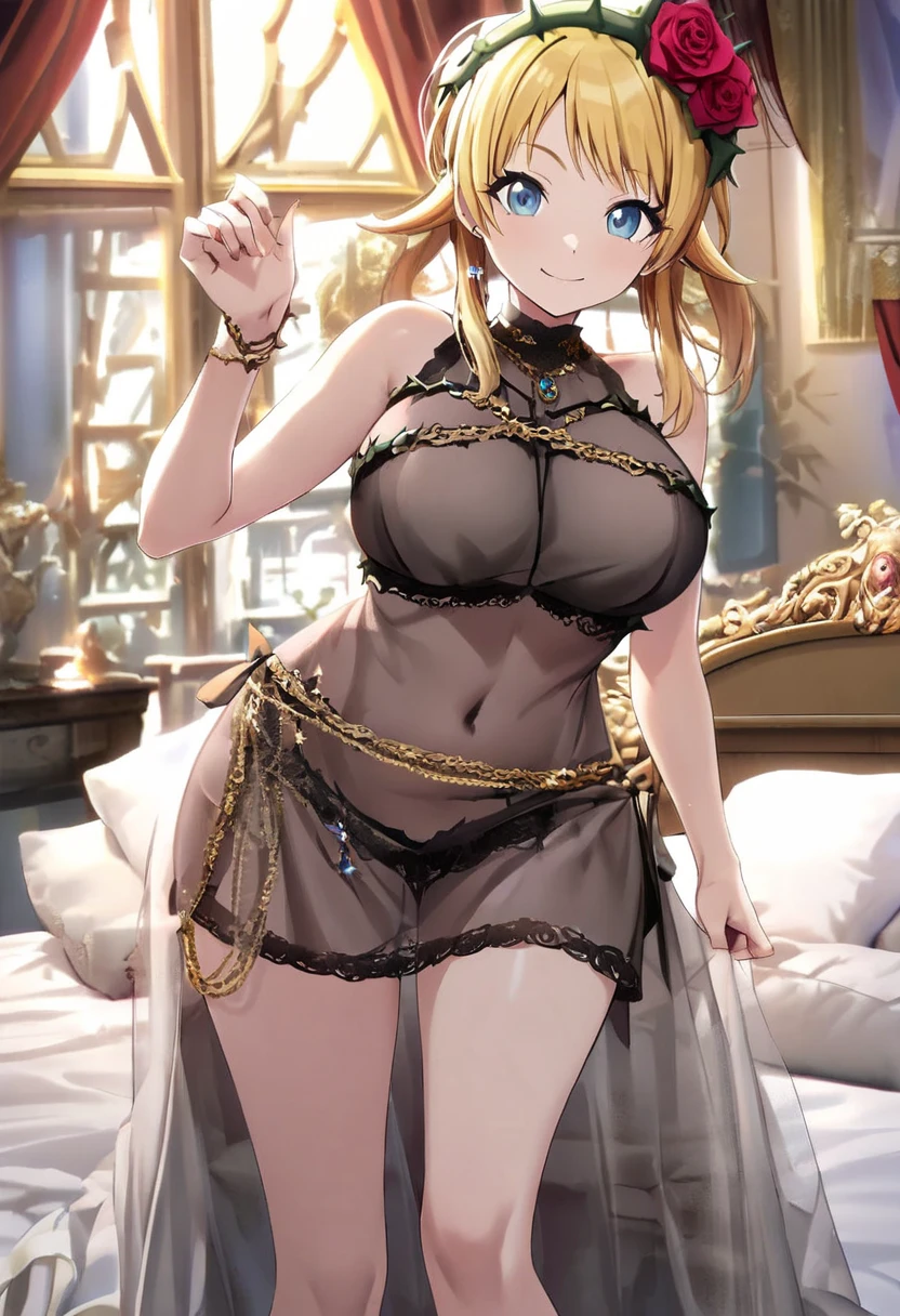 nude blonde Hachimiya Meguru with twintails, a very detailed face, blue eyes, a pink see-through dress with very large breasts, a slim waist, slim hips, a very deep cleavage, golden necklaces and a golden choker, kneeling in front of a bed in palace bedroom. pink see-through midriff, navel piercing.