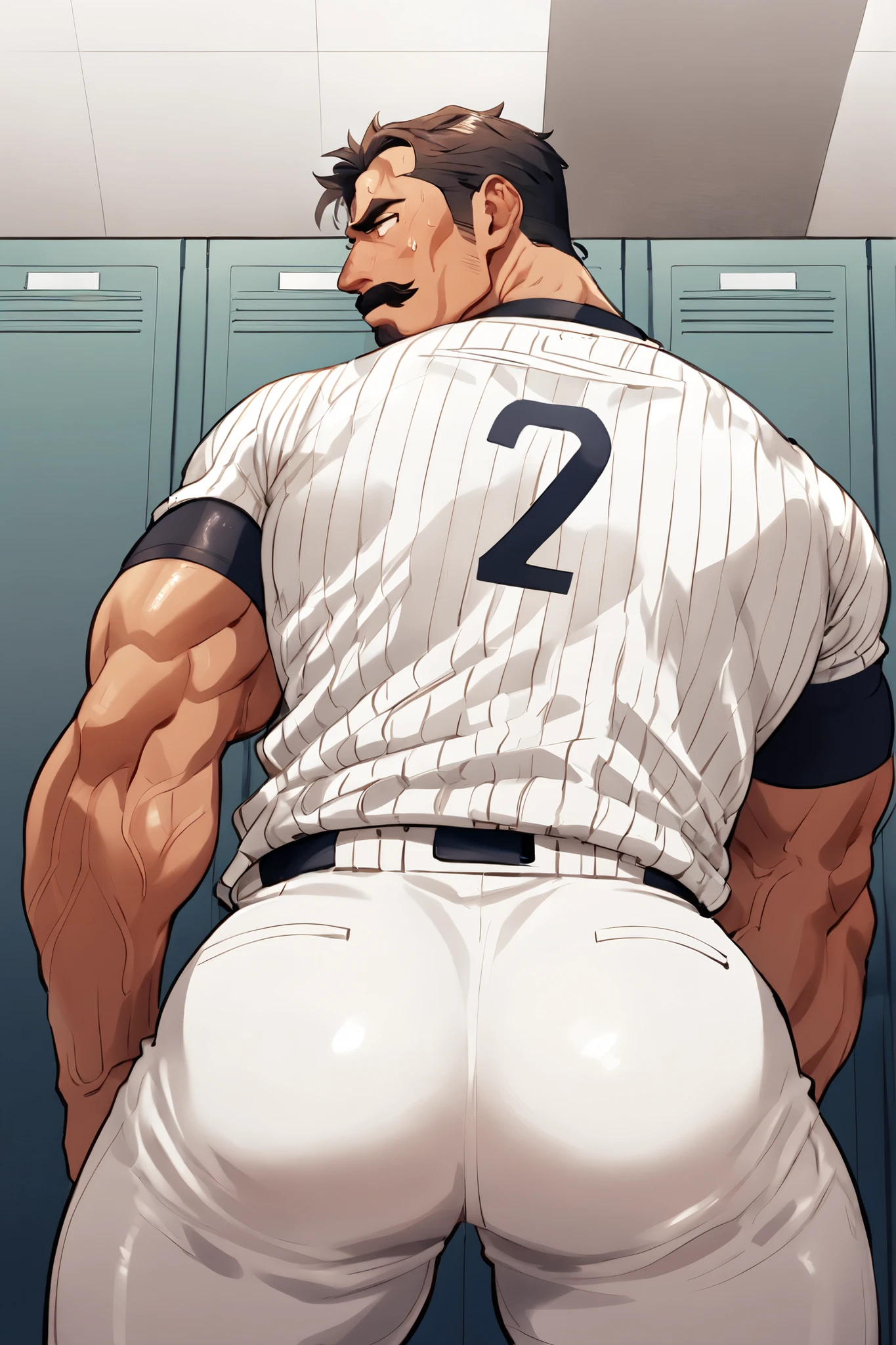 A middle-aged man, Detailed face, Captivating look, moustache, Masculine face, Muscular body, Prominent veins, wearing baseball uniform, Bending over with his butt facing me, baseball club coach,locker room, sweaty body, alone, only a man, Captivating bottom, Looking towards me