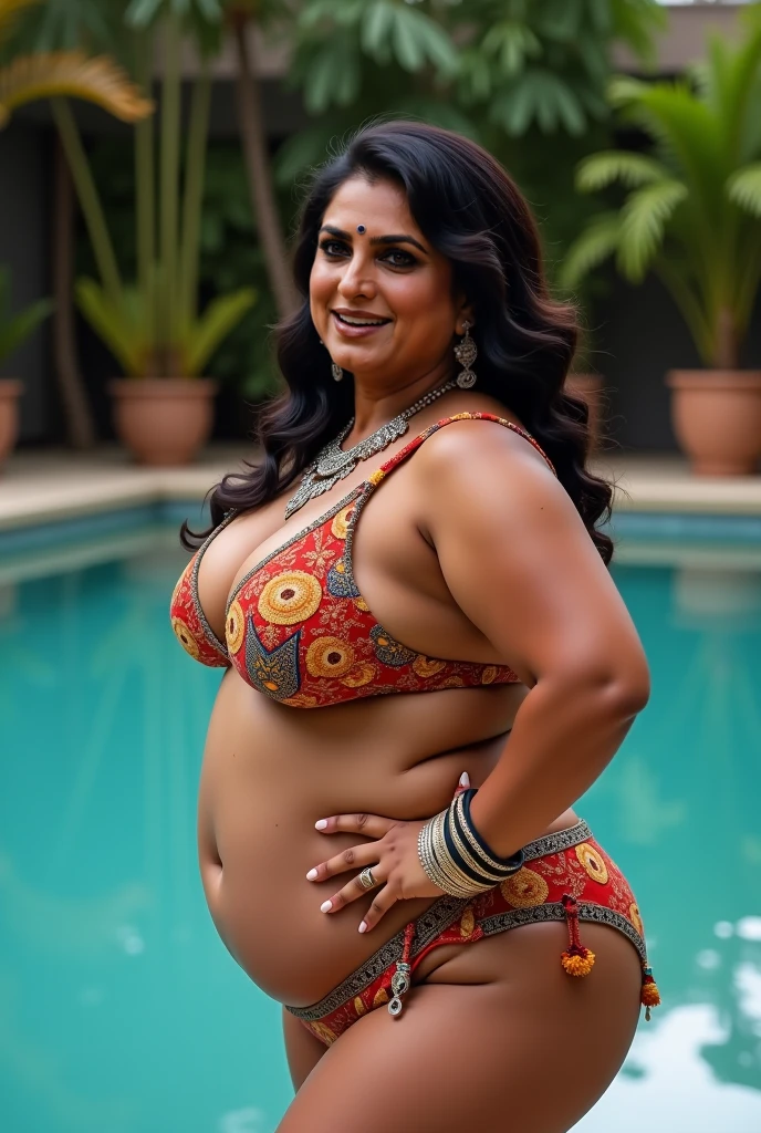 milf woman jaya,micro bikini in pool, posing her hot milf figure to camera , fleshy figure,cougar lady , extremely gorgeous, heavy physique, voluptuous, curvy, sexy figure, glowing eyes,happy charming face,