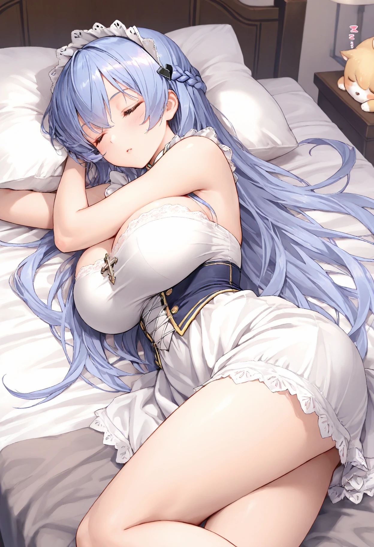 garota de anime em um vestido branco deitada em uma cama com uma flor azul no cabelo, wlop e sakimichan, guweiz no pixiv artstation, Hestia, Guweiz na ArtStation Pixiv, trends on artstation pixiv, mais bem avaliado no pixiv, pixiv 3dcg, arte zerochan, garota anime sedutora