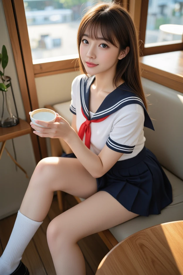 highest quality、8K、professional lighting、Beautiful woman、precision wool、beautiful and delicate skin、shiny skin、no makeup、thin、pale skin、big ortale、smile、white t-shirt、wearing a sailor suit、wearing a miniskirt、In front of the table、sit on a chair、shot from under the table、open your legs、Wear white underwear、I can see white pants
