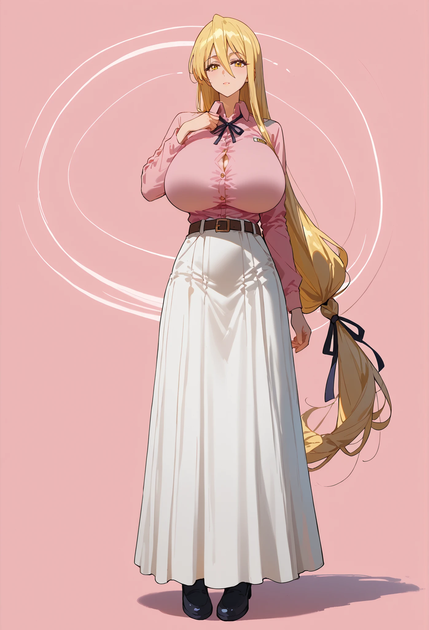 score_9, score_8_up, score_7_up, source_anime, 4K,perfect fingers,(perfect hands, perfect anatomy),prefect lighting, very aesthetic, intricate details,highly detailed background, masterpiece, high quality, best quality,
shizuka marikawa, long hair, blonde hair, very long hair, low-tied long hair, yellow eyes, hair between eyes,  large breasts, mature female, hyper breasts, slim girl ,,
wearing ((pink shirt, long skirt, belt, long sleeves, breasts, )),, 
full body shot, pink background,