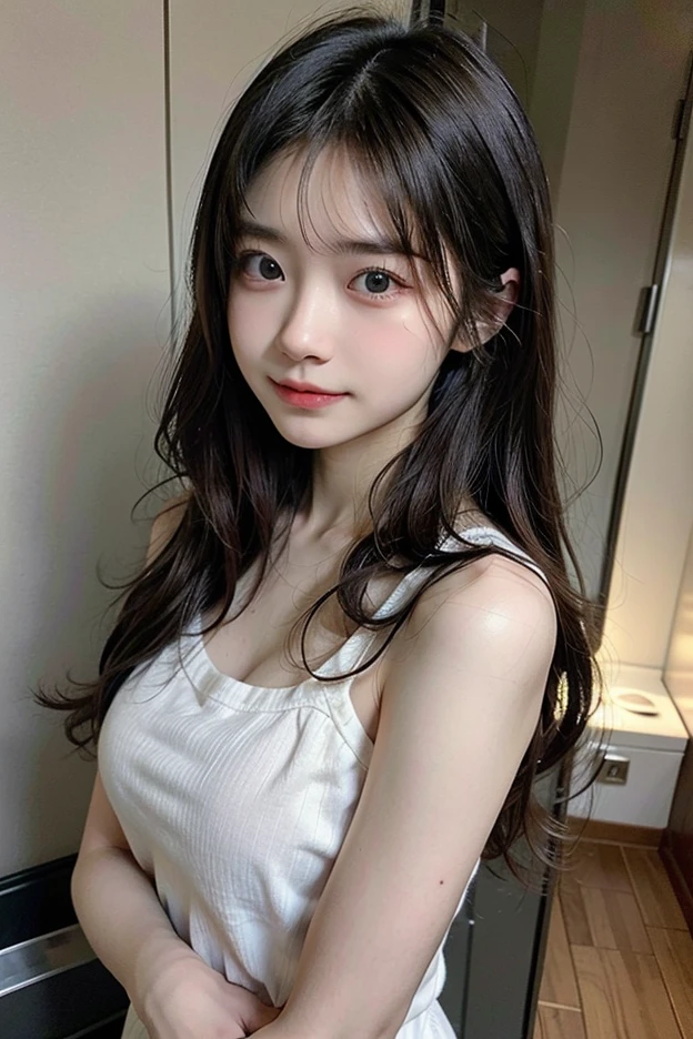 (masterpiece:1.2), (a Japanese girl like a beautiful model), (((18 years old))), bathroom, upper body, light-brown hair, 