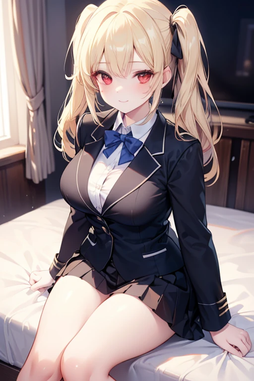 (Masterpiece: 1. 2), (Top quality: 1. 2), Perfect eyes, Perfect face, Perfect lighting, Mountain horizon, Superb girl like beauty, Blonde hair, Upper body, Cleavage, Red eyes, Braids, Side ponytail, Bangs, Bobbed hair, Poofy hair, Cute eyes, Great bust, (from below), Raw description, Ecstasy, Despair and fear, Bitch virgin, Fornication, Angry, Sideways, Bewitching, Cute design branded blazer uniform, Cute ornaments, Sitting, Arms crossed, (from above: 1.2)