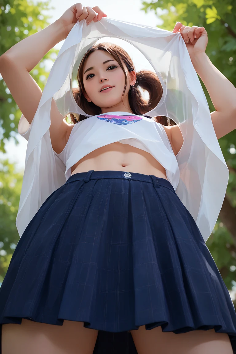 Nino Nakano riendo,pose sexy,ropa deportiva,sudor,field with trees,Swayback stance,Photorealistic, high-quality 32k photo of a beautiful Japanese girl in a playful sundress, with detailed eyes and a lively smile, sitting on a picnic blanket in a park. She’s wearing a Sailor suit, with High socks and loafers her hair in a loose braid. The image captures her surrounded by nature, with a focus on her cheerful demeanor and the peaceful greenery around her.(Flirtingly lifting her skirt to show her panties:1.3),(stick out butt:1.3)