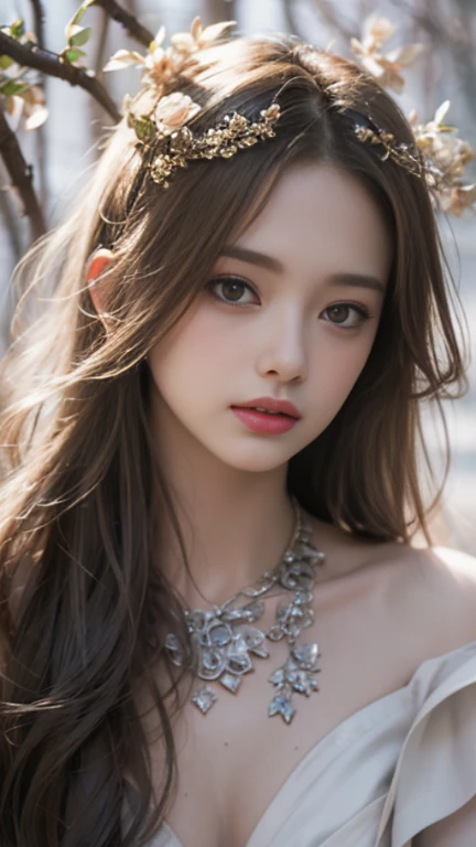 a beautiful young girl sitting in a blue jacaranda tree, detailed facial features, striking blue eyes, delicate pink lips, flowing golden hair, ethereal aura, serene expression, dappled sunlight filtering through the blue blossoms, lush green foliage, dreamy, whimsical, fantasy-like, digital art, highly detailed, cinematic lighting, vibrant colors, photorealistic, 8k